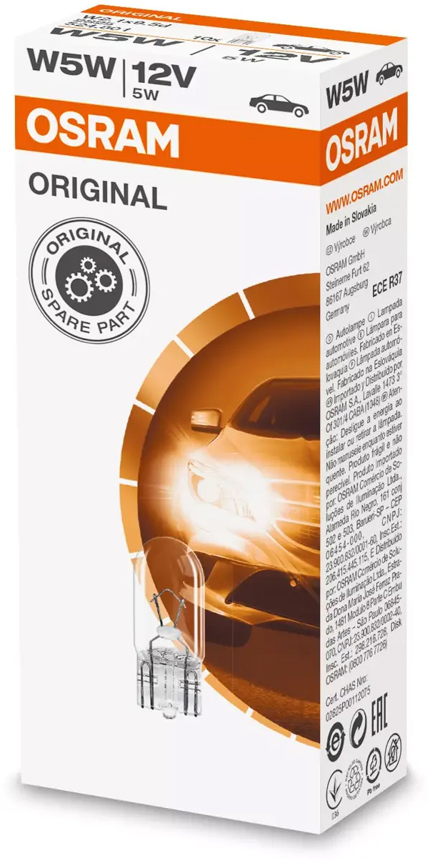 Lâmpada 12V W5W (T10) W2,1x9,5d 5W original (caixa 10un) OSRAM 