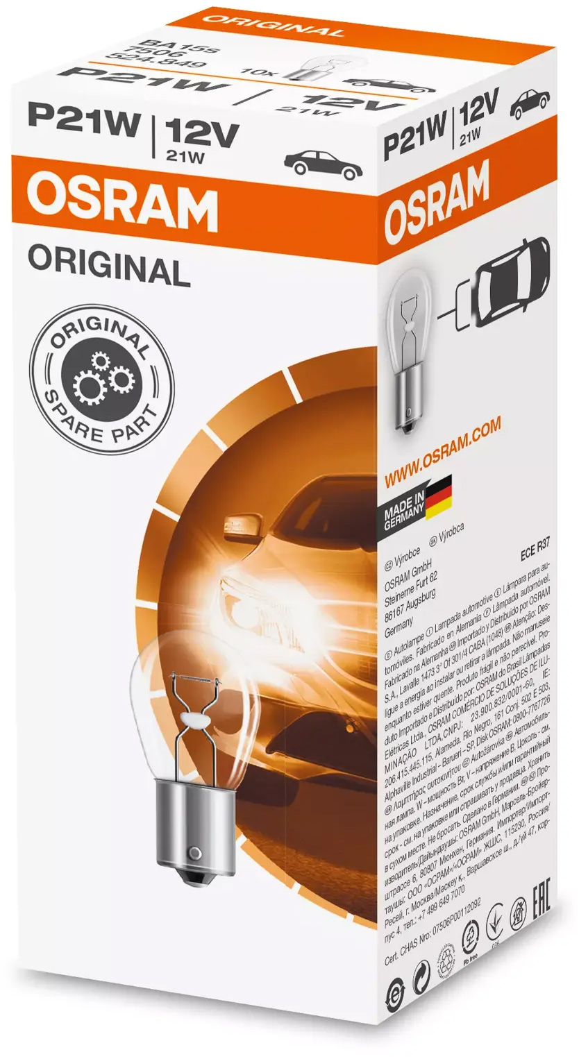 Lâmpada 12V P21W BA15s 21W original (caixa 10un) OSRAM 