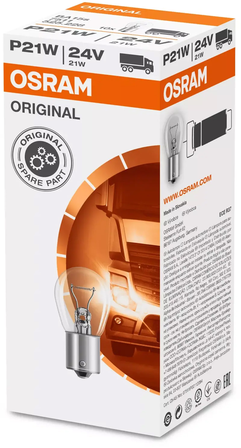 Lâmpada 24V P21W BA15s 21W original (caixa 10un) OSRAM 