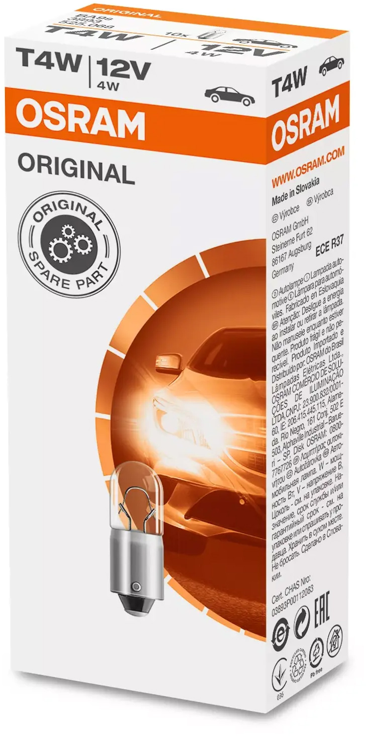Lâmpada 12V T4W BA9s 4W original (caixa 10un) OSRAM 