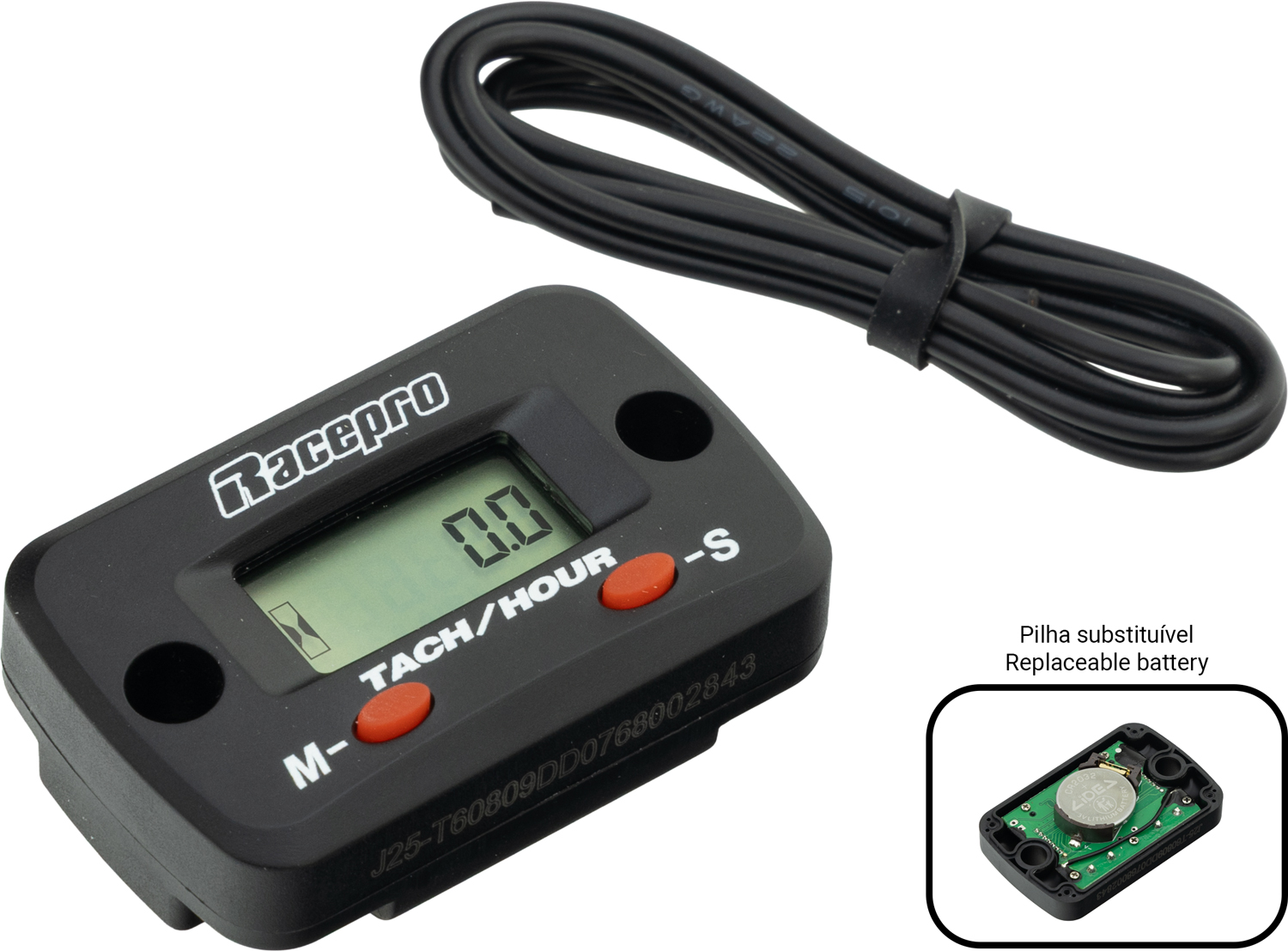 Contador de horas / RPM Preto (Bateria CR2032 Subs.) RACEPRO 